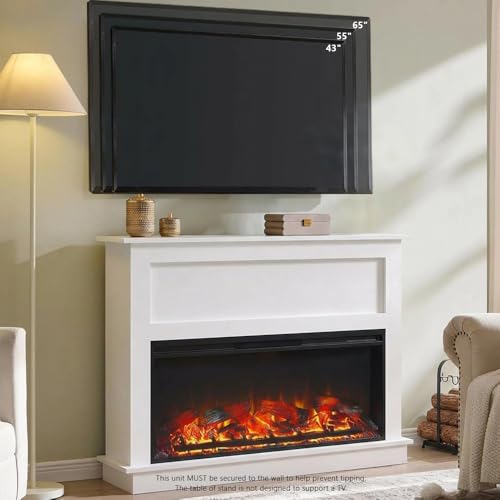 Andehomy 51" Farmhouse Electric Fireplace TV Stand with Mantel, 42" Insert Electric Fireplace Heater with Remote Control, Adjustable 3D Flame Effect, White Andehomy