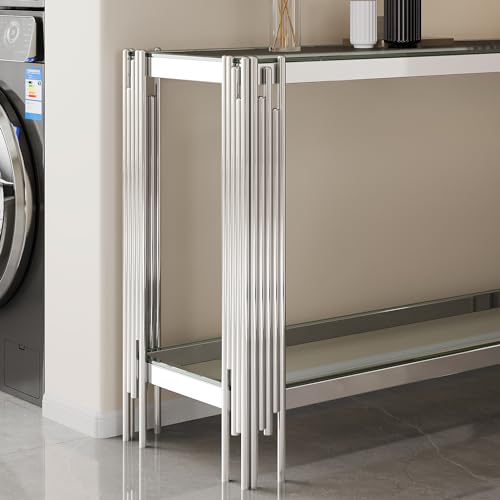Goujxcy Modern Glass Console Table 55" Silver Entryway Table with Tempered Glass Top and Mirror Stainless Steel Legs,Luxury Rectangular Sofa Table for Living Room Hallway Corridor Table (Silver) Goujxcy