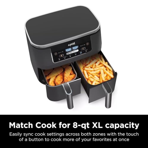 Ninja DZ201 Foodi 8 Quart 6-in-1 DualZone 2-Basket Air Fryer with 2 Independent Frying Baskets, Match Cook & Smart Finish to Roast, Broil, Dehydrate & More for Quick, Easy Meals, Grey Ninja