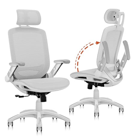 GABRYLLY Ergonomic Office Chair, High Back Home Desk Chair with Headrest, Flip-Up Arms, 90-120° Tilt Lock and Wide Cushion, 400LBS Mesh Chairs for Man Woman, White Task Chair(Grey,GY01WG) GABRYLLY