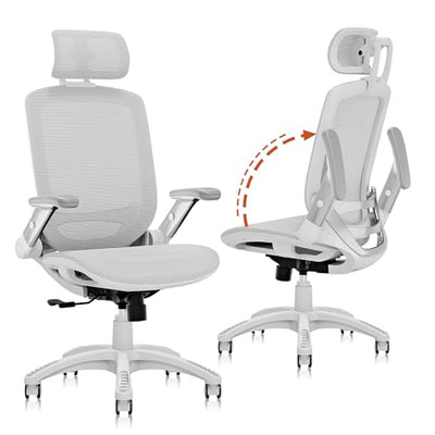 GABRYLLY Ergonomic Office Chair, High Back Home Desk Chair with Headrest, Flip-Up Arms, 90-120° Tilt Lock and Wide Cushion, 400LBS Mesh Chairs for Man Woman, White Task Chair(Grey,GY01WG)
