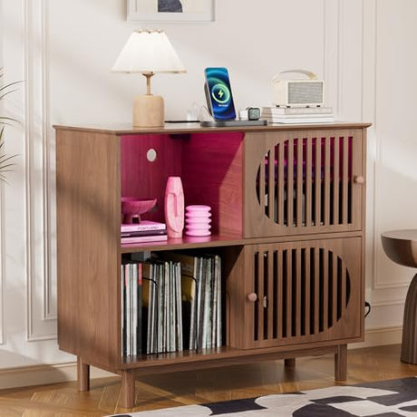 Large Record Player Stand with Storage & LED Lights, Vinyl Record Storage Cabinet with Charging Station Holds Up to 350 Albums, Mid Century Modern Turntable Stand for Living Room (Walnut) YKVIQBY
