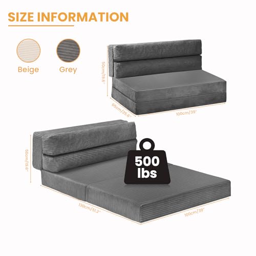 feliz home Folding Mattress Twin, Convertible Sofa Bed Foldable Futon Mattress with Corduroy Cover, Fold Out Floor Couch Bed for Living Room, High-Density Memory Foam, 5'', Grey feliz home