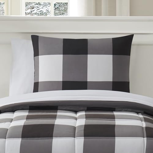 5 Piece Comforter Set Bed in a Bag Buffalo Check Christmas Print All Season Soft Down Alternative Bedding Comforter Set & Luxurious White Microfiber Bed Sheets, Twin, Buffalo Plaid Black/White Sweet Home Collection