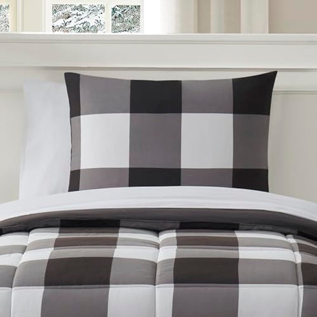 5 Piece Comforter Set Bed in a Bag Buffalo Check Christmas Print All Season Soft Down Alternative Bedding Comforter Set & Luxurious White Microfiber Bed Sheets, Twin, Buffalo Plaid Black/White Sweet Home Collection