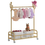 Bestier Kids Dress Up Rack, Adjustable Rack Height for Kids Clothes Rack, Bottom Storage Shelf with Wheels, Metal Dress Up Rack for Kids, Toddler, Children, Girls, Boys, Gold Bestier
