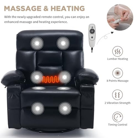 Comermax Rocker Recliner Chair with Heat and Massage, Wide Seat Heated Massaging Reclining Chair, Faux Leather Manual Swivel Rocking Recliners with Cup Holder, Black Comermax