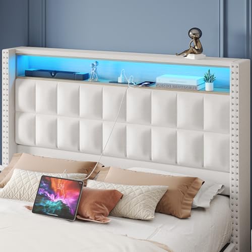Maupvit Queen Size Bed Frame with 4 Storage Drawers,Upholstered Bed Frame with 2-Tier Storage Headboard,RGB LED Light,Charging Station,No Box Spring Needed,Easy Asse,Beige Maupvit