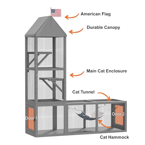 TIMHAKA 2 in 1 Indoor Catio, Outdoor Cat Enclosure with Tunnel, Pet Playen Include 1 Catio and 1 Tunnel, Cat Enclosure with Cats Hammock and Waterproof Cover, Indoor Outdoor Cats Cage with 2 Door TIMHAKA