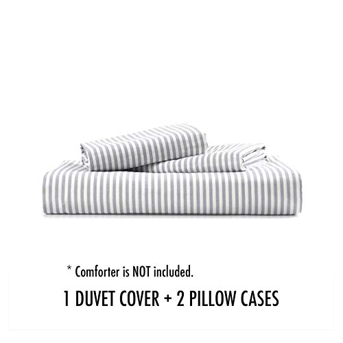 Wake In Cloud - Striped Cotton Duvet Cover Set, Ticking Stripe Pinstripe Farmhouse, 100% Cotton Bedding Set, 3 Pieces, Gray White, Full Size Wake In Cloud
