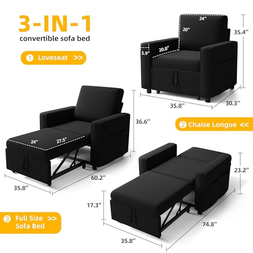 DWVO Convertible Sleeper Chair, 3-in-1 Sofa Bed with Reclining Backrest, 75" Single Sleeper Couch with Pull-Out Bed and Wide Armrest, Linen Futon Sofa for Dorm Apartment, Black DWVO