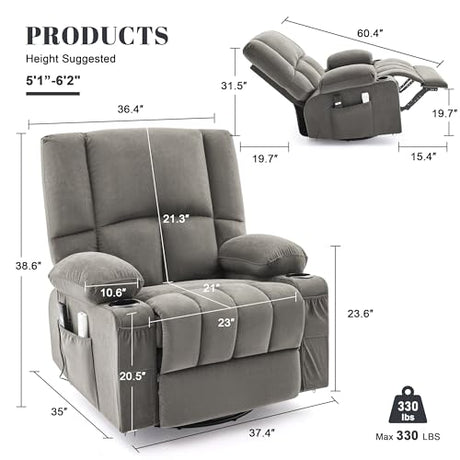 Reedvales Oversized Recliner Chairs for Adults, 270° Swivel Rocker Recliner with Heat and Massage Lazy Boy Recliner, Recliner Chairs Single Sofa Seat with Cup Holders (Grey, Electric) Reedvales