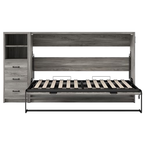 SOFTSEA Twin Horizontal Murphy Bed with Storage, Hideaway Murphy Bed Cabinet with Drawers & LED Light, Farmhouse Hidden Wall Bed Frame Space-Saving for Guest Room Bedroom Office, Grey SOFTSEA