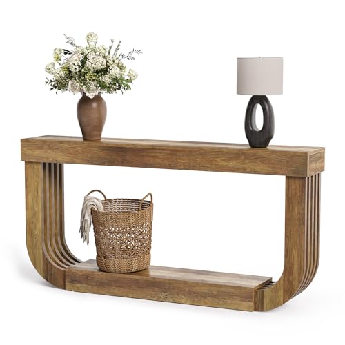 LITTLE TREE 70.9-Inch Extra Long Narrow Console Table, 2-Tier Brown Wooden Sofa Table for Living Room, Large Hallway Foyer Table with Heavy Duty U-Shaped Pedestal LITTLE TREE