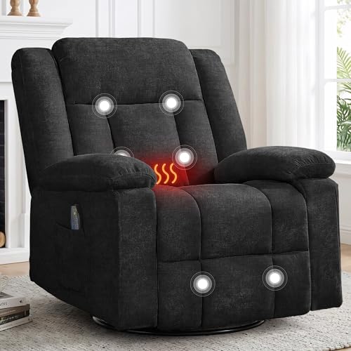 Korser Rocker Recliner Chair for Adults, 360° Swivel Rocker Recliner with Massage and Heating, Nursery Rocking Chairs with Side Pockets, Manual Reclining Chair for Living Room, Bedroom or Nursery