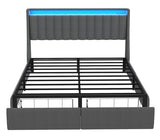 SADENICEL Full Size Bed Frame with Headboard and 2 Storage Drawers, Metal Full Bed Frame Platform with LED Light, Charging Station, No Box Spring Needed, Noise Free, Easy Assembly, Grey SADENICEL