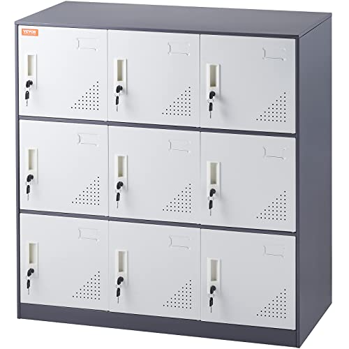 VEVOR Metal Locker for Employees, 9 Doors Storage Cabinet with Card Slot, Gray Steel Employee Lockers with Keys, 66lbs Loading Capacity Office Storage Lockers for Home, School, Office, Gym - WoodArtSupply