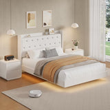 coucheta Full Floating Bed Frame with LED Lights, Upholstered Platform Bed with Crystal Tufted Headboard, Storage Shelves, Heavy Duty Metal Slats, No Spring Needed, Noise Free, Easy Assembly, White coucheta