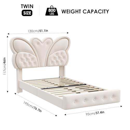Keyluv Twin Bed Frame Butterfly-Pattern Upholstered Headboard, Modern Floating Bed with LED Lights Button Tufted on Headboard and Footboard, Slats Support No Box Spring Needed, Noise-Free, Beige Keyluv