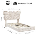 Keyluv Twin Bed Frame Butterfly-Pattern Upholstered Headboard, Modern Floating Bed with LED Lights Button Tufted on Headboard and Footboard, Slats Support No Box Spring Needed, Noise-Free, Beige Keyluv