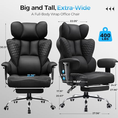COMHOMA Big and Tall Office Chair 400LBS Wide Ergonomic Fabric Deluxe Embossing Designed Gaming Chair with Foot Rest,150°Reclining Adjustable Armrests Pocket Spring Back Support and Pillow COMHOMA