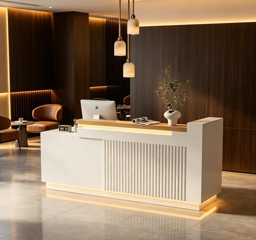 ZIMASYA 86.6" L-Shaped Reception Desk with Counter, Modern Commercial Front Desk with Power Outlets, Combination Lock Drawers, LED Lights for Office, Beauty Salon, Retail Store, White