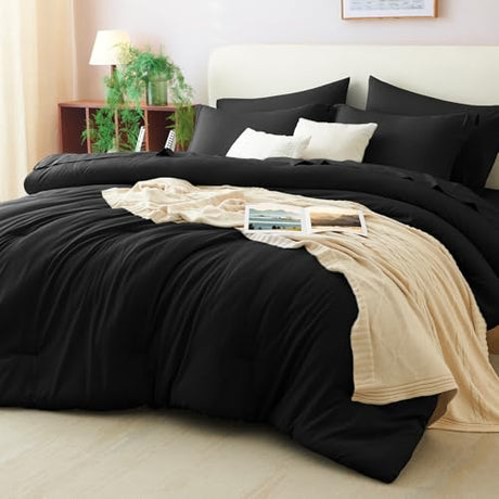 CozyLux King Comforter Set Black, 7 Pieces Bed in a Bag Soft Bedding Comforter Set with Sheets, All Season Boho 7PC Bed Sets with Comforter, Fitted Sheets, Flat Sheets, Pillow Shams and Pillowcases CozyLux
