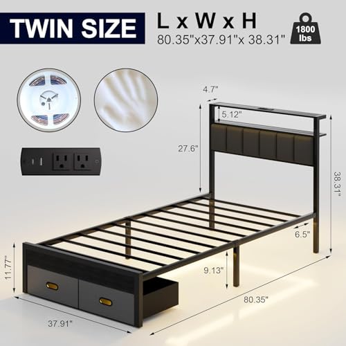 Aelawe Twin Bed Frames with Storage Drawer, Platform Bed with Charging Station and LED Lights, Upholstered Headboard with 2-Tier Storage Shelves, No Box Spring Needed Aelawe