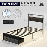 Aelawe Twin Bed Frames with Storage Drawer, Platform Bed with Charging Station and LED Lights, Upholstered Headboard with 2-Tier Storage Shelves, No Box Spring Needed Aelawe