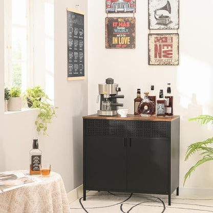 HAND IN HAND Buffet Sideboard Cabinet, Accent Cabinet with Adjustable Shelves, Sideboard Cabinet with Steel Frame, for Living Room, Dining Room, Entryway, Rustic Brown and Black