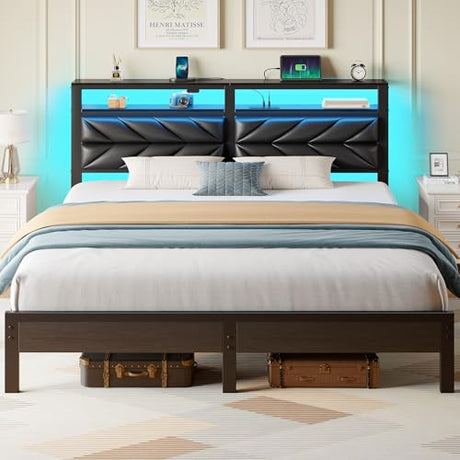 Seventable King Size Bed Frame with Charging Station & LED Lights, Upholstered Headboard with 2-Tier Storage Shelves, Metal Platform with Under Bed Storage, No Box Spring Needed, Easy Assembly, Black Seventable