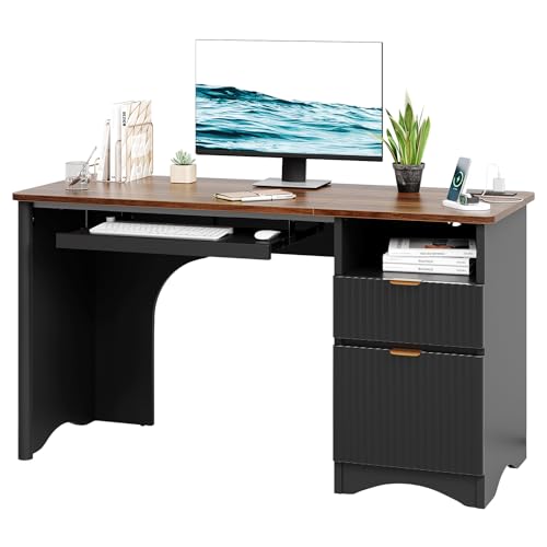 Bestier Computer Desk with Keyboard Tray, 55 inch Office Desk with Power Outlet, Modern Home Office Desk with File Drawer (Walnut with Black, 55" W with Single-Sided Drawers) Bestier