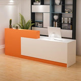 L-Shaped Reception Desk with Counter, Lockable Drawers & Storage, Modern Front Desk Reception Counter 47–118 Inch, Office Salon Checkout Receptionist Desk White + Orange Left 55.1 x 23.6 x 39.4 in Tazyee