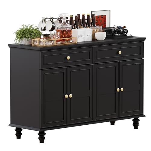 PROXRACER 47.6" Buffet Sideboard with 2 Drawers and 4 Doors, Wooden Kitchen Storage Cabinet with Adjustable Shelves, Rustic Top Console Table for Dining Room, Kitchen, or Entryway,Black PROXRACER