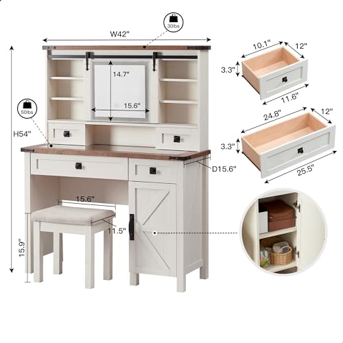 T4TREAM Farmhouse Makeup Vanity Desk with Sliding Mirror and Lights, 42'' Glass Tabletop Vanity Table with 2 Drawers & Shelves, Rustic Big Vanity Set T4TREAM