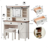 T4TREAM Farmhouse Makeup Vanity Desk with Sliding Mirror and Lights, 42'' Glass Tabletop Vanity Table with 2 Drawers & Shelves, Rustic Big Vanity Set T4TREAM