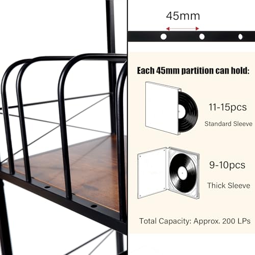 FiloxeniaOasis Record Player Stand with 4 Adjustable Dividers, Vinyl Record Storage Holds 200 LPs, 3 Layer End Table, Multi-Functional Record Player Table for Home, Rustic Brown FiloxeniaOasis