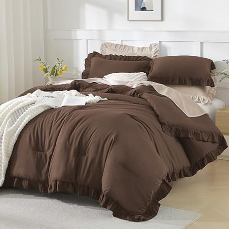 Andency Brown Comforters Queen Size, 3 Pieces Solid Shabby Chic Farmhouse Bedding Comforters & Sets, Lightweight Fluffy All Season Soft Down Alternative Bed Set for Women Men Andency
