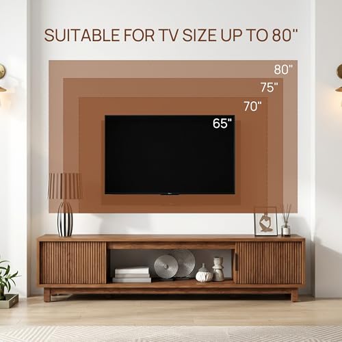 BRITEMART TV Stands for Living Room, 70 Inch Large Entertainment Center Fluted TV Stand with Storage, Boho Media Console Wood Television Table with Cable Management Hole, Walnut BRITEMART