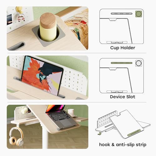 JOY worker Mobile Standing Desk with 60° Tiltable Desktop, 28" Height Adjustable Rolling Desk, DIY Pegboard & Storage Base, Portable Laptop Desk with 4 Lockable Wheels for Home Office, Oak JOY worker