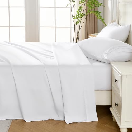 ROSE&RISY White Queen Sheet Set, 4 Pieces Soft Bedding Queen Sheet Set, Breathable and Cooling Sheets, Deep Pocket with 1 Fitted, 1 Flat, 2 Pillow Cases (White, Queen Size) ROSE&RISY