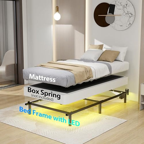 Adjustable Bed Frame with Smart LED Lights & Charging Station,Sturdy Metal Platform Bed Base for Box Spring & Mattress,Headboard Compatible,Length Extendable,Twin/Full/Queen/King Size (7 Inch, Twin) HusDream