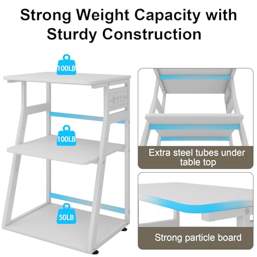 Natwind 23.6"x19.7" Large Printer Stand,3 Tier Printer Table with Charging Station, Rolling Cart with Adjustable Storage Shelf for Home Office Organization, Stand for Heat Press,3D Printer (White)