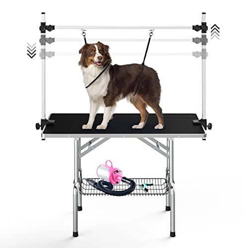 Lyromix Dog Grooming Table, Adjustable Large Pet Drying Desktop, Foldable Bathing Desk with Arms, Noose, Mesh Tray, Maximum Capacity Up to 330Lb