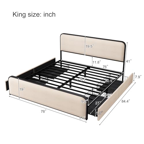 Merax Metal Platform Bed King Size with Curved Upholstered Headboard and Footboard, King Bed Frame with 4 Storage Drawers Under Bed, Heavy Duty Metal Slats, No Box Spring Needed, Easy Assembly, Beige Merax