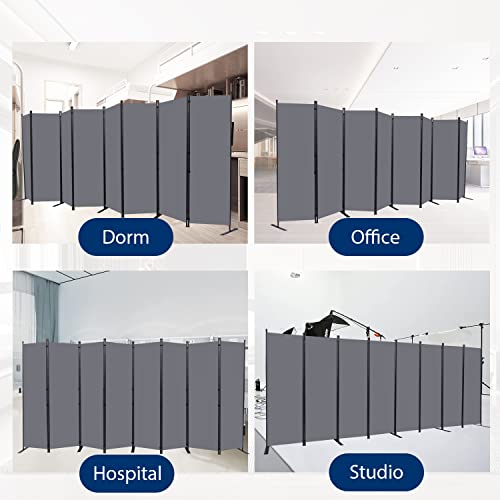 Room Divider Folding Privacy Screens with Wheels, 6FT Tall Divider for Room Separation, Movable Room Partitons and Dividers, Indoor Room Dividers Panel with Fabric (Grey, 8 Panel-176‘’-Flat Base) HOMSCREENER