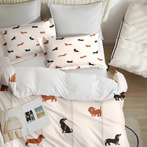 Zzzboro Comforter Set with 2 Pillowcases Queen Size, Cute Happy Dachshund Dog Puppy, Bedding Decor Cartoon Animal Pug Geometric Brown for Kids and Adults, Soft Cozy Bedroom Bed Set Zzzboro