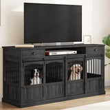 Homiflex 70.86" Double Dog Crate Furniture with Storage for 2 Medium Large Dogs Farmhouse Wooden Dog Kennel Furniture with 2 Sliding Doors Divider & Power Outlet Decorative Dog Cage TV Stand Dark Grey Homiflex