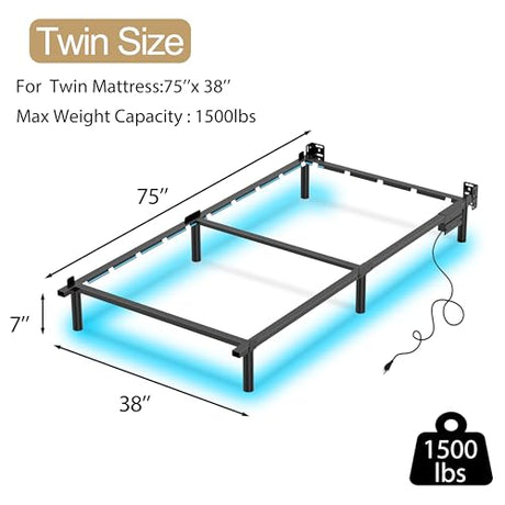 Adjustable Bed Frame with Smart LED Lights & Charging Station,Sturdy Metal Platform Bed Base for Box Spring & Mattress,Headboard Compatible,Length Extendable,Twin/Full/Queen/King Size (7 Inch, Twin) HusDream