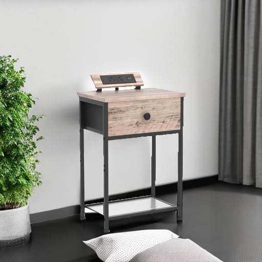 AMHANCIBLE Night Stand, End Tables Living Room Set of 2, Small Nightstand with Charging Station, Slim Bed Side Table with Fabric Storage Drawer for Bedroom, Small Space, Greige, HET03SDPGY AMHANCIBLE